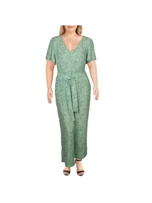 1. STATE Womens Green Belted Printed Short Sleeve V Neck Wide Leg Jumpsuit