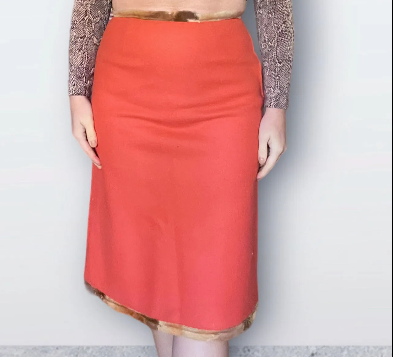 1990s Fendi Orange Felted Wool Skirt with Fur Trim (M)