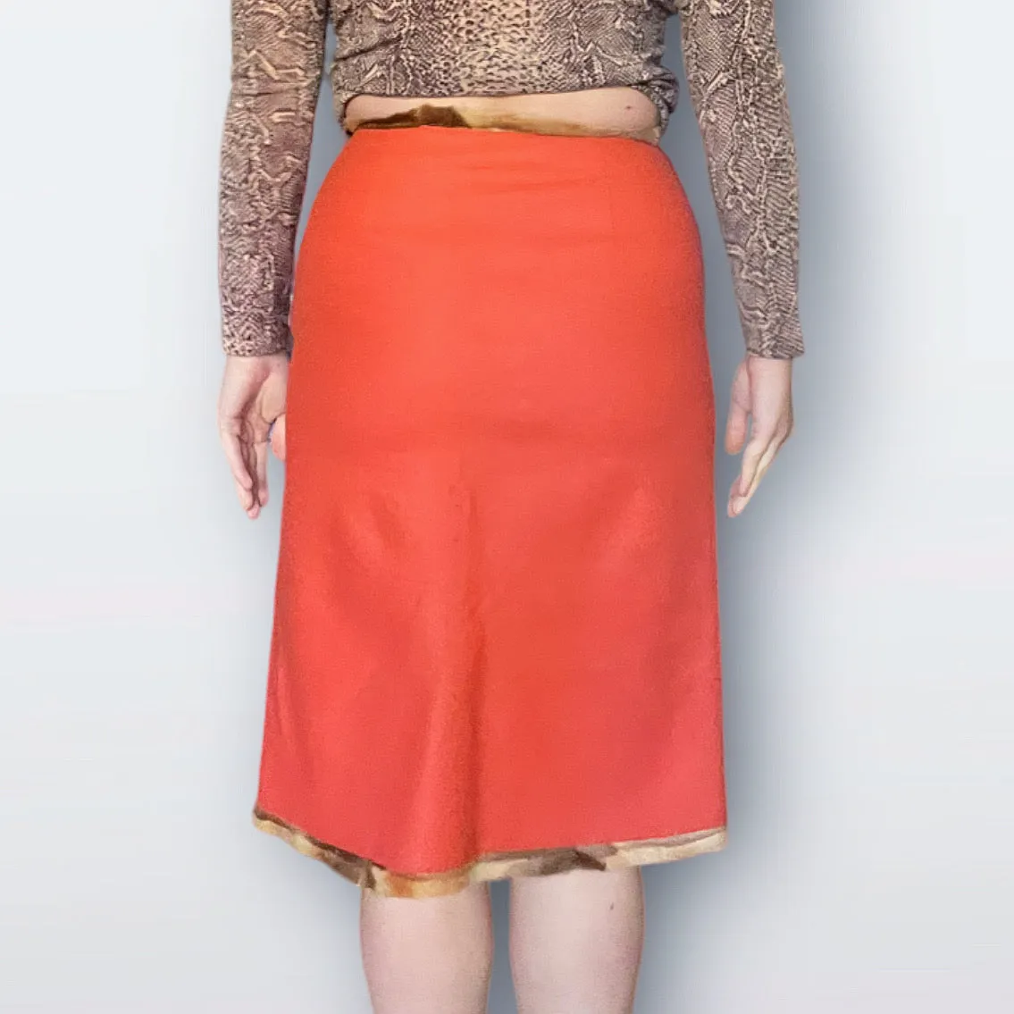 1990s Fendi Orange Felted Wool Skirt with Fur Trim (M)