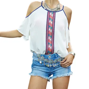 1PCS   Women Casual Off Shoulder Blouse Women Female Patchwork Chiffon Tops Shirt Summer Strapless Blouse