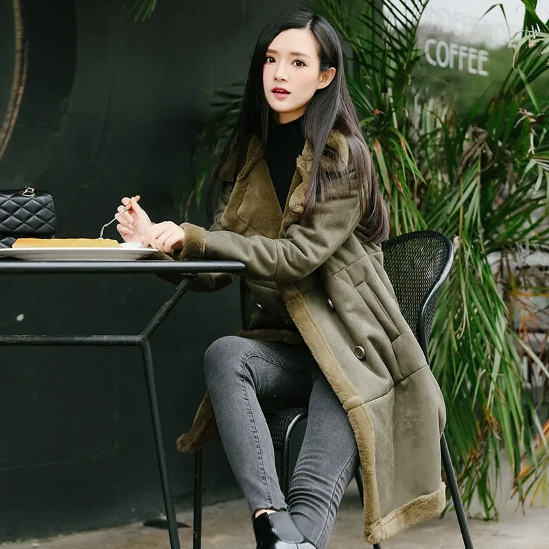 2017 Winter Women Faux Lambs Wool Coat Female Medium Long Thick Warm Shearling Coats Faux Suede Leather Jackets Army Green H034