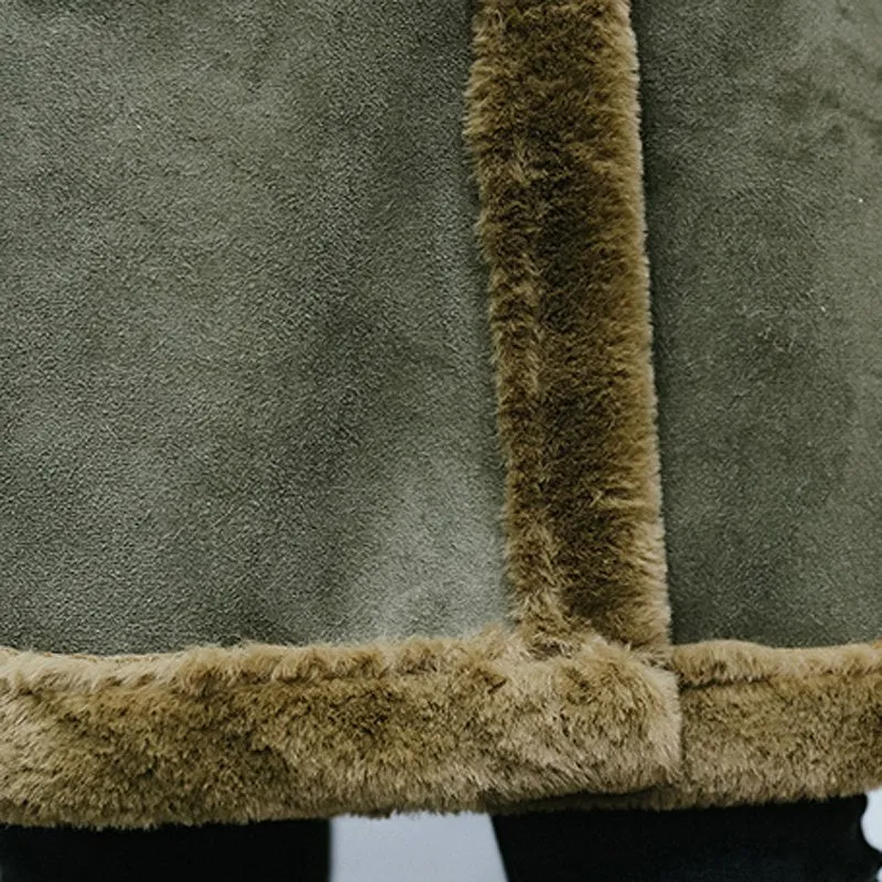 2017 Winter Women Faux Lambs Wool Coat Female Medium Long Thick Warm Shearling Coats Faux Suede Leather Jackets Army Green H034