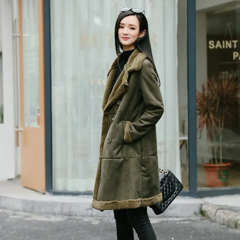 2017 Winter Women Faux Lambs Wool Coat Female Medium Long Thick Warm Shearling Coats Faux Suede Leather Jackets Army Green H034