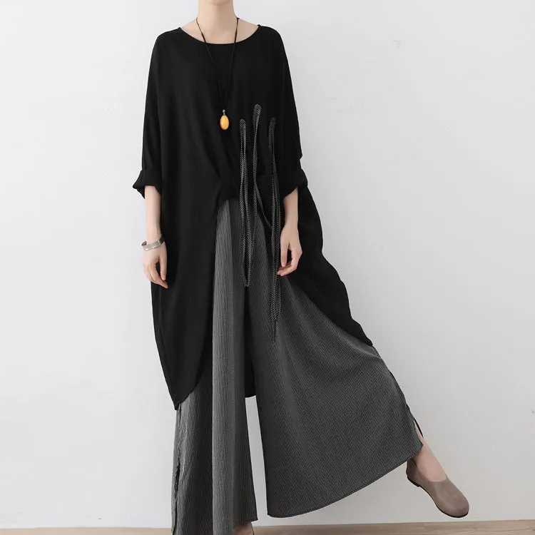 2021 fall black tasseled cotton shirts low high oversized blouses women tops