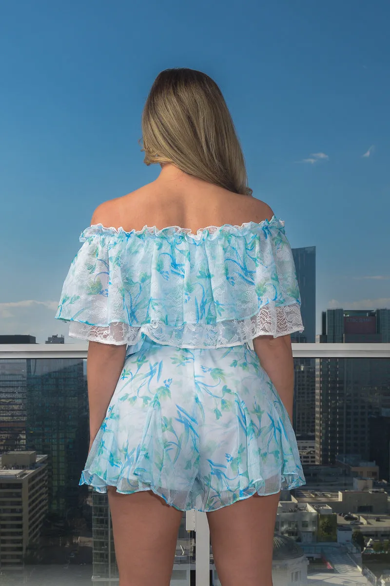 2PC. Set- Floral Print  Full Lining Short Set / Off The shoulder Double Ruffle Crop Top and Mini Shorts With Wide Belt and Back Zipper  (CS17184)