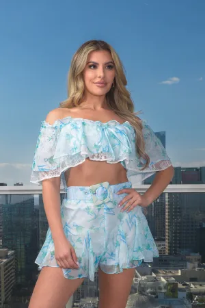2PC. Set- Floral Print  Full Lining Short Set / Off The shoulder Double Ruffle Crop Top and Mini Shorts With Wide Belt and Back Zipper  (CS17184)