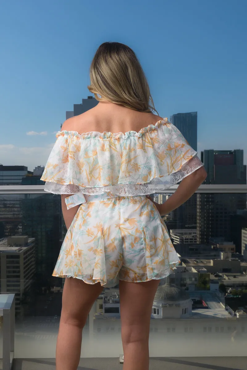 2PC. Set- Floral Print  Full Lining Short Set / Off The shoulder Double Ruffle Crop Top and Mini Shorts With Wide Belt and Back Zipper  (CS17184)