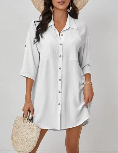 3/4 Sleeve Bikini  Button Down Cover Up