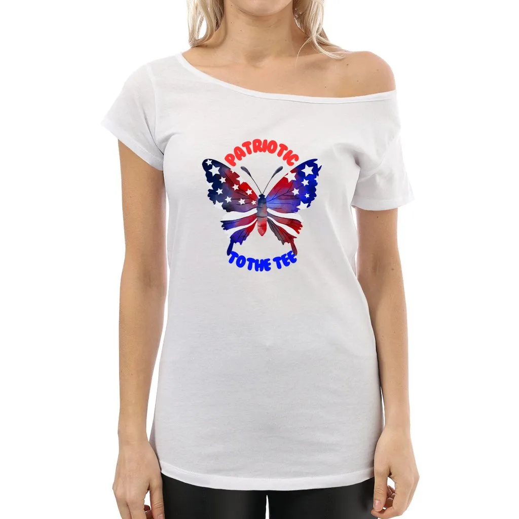 4th of July Patriotic Butterfly Women's Off The Shoulder T-Shirt