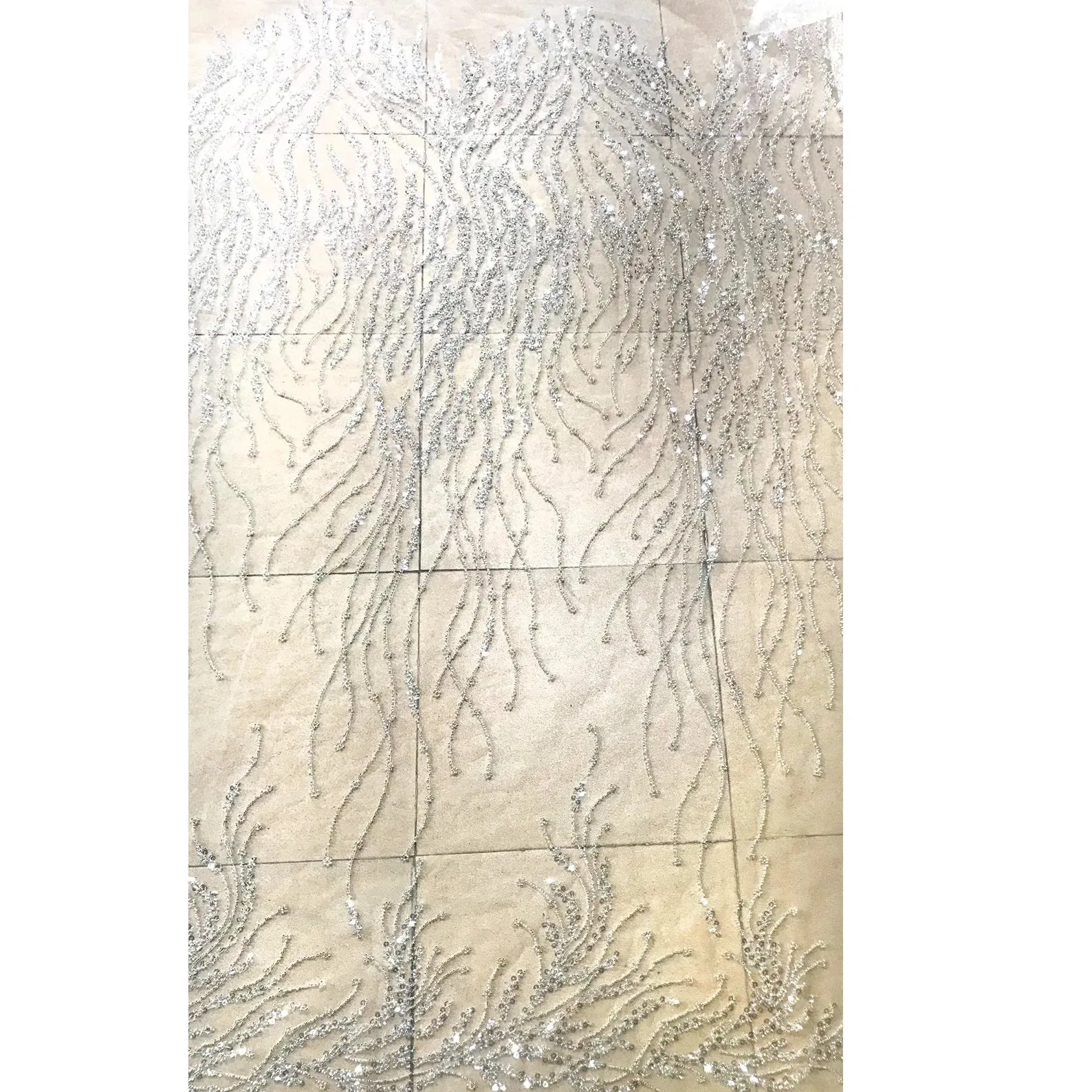5 YARDS / Klara Silver Beige Ivory Embroidered Geometric Sequin Dress Mesh Lace Party Prom Bridal Dress Fabric
