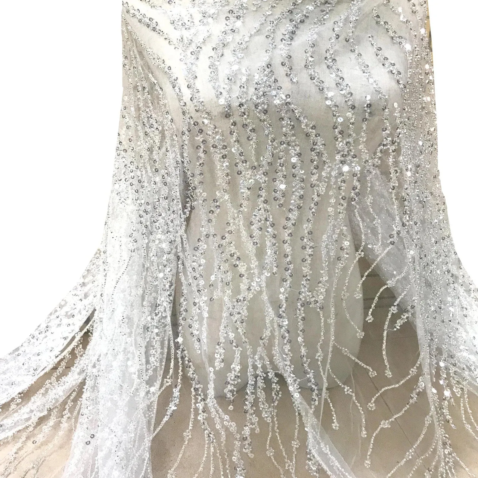 5 YARDS / Klara Silver Beige Ivory Embroidered Geometric Sequin Dress Mesh Lace Party Prom Bridal Dress Fabric