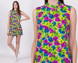 60s Hawaiian Floral Mini Shift Dress - Petite Medium