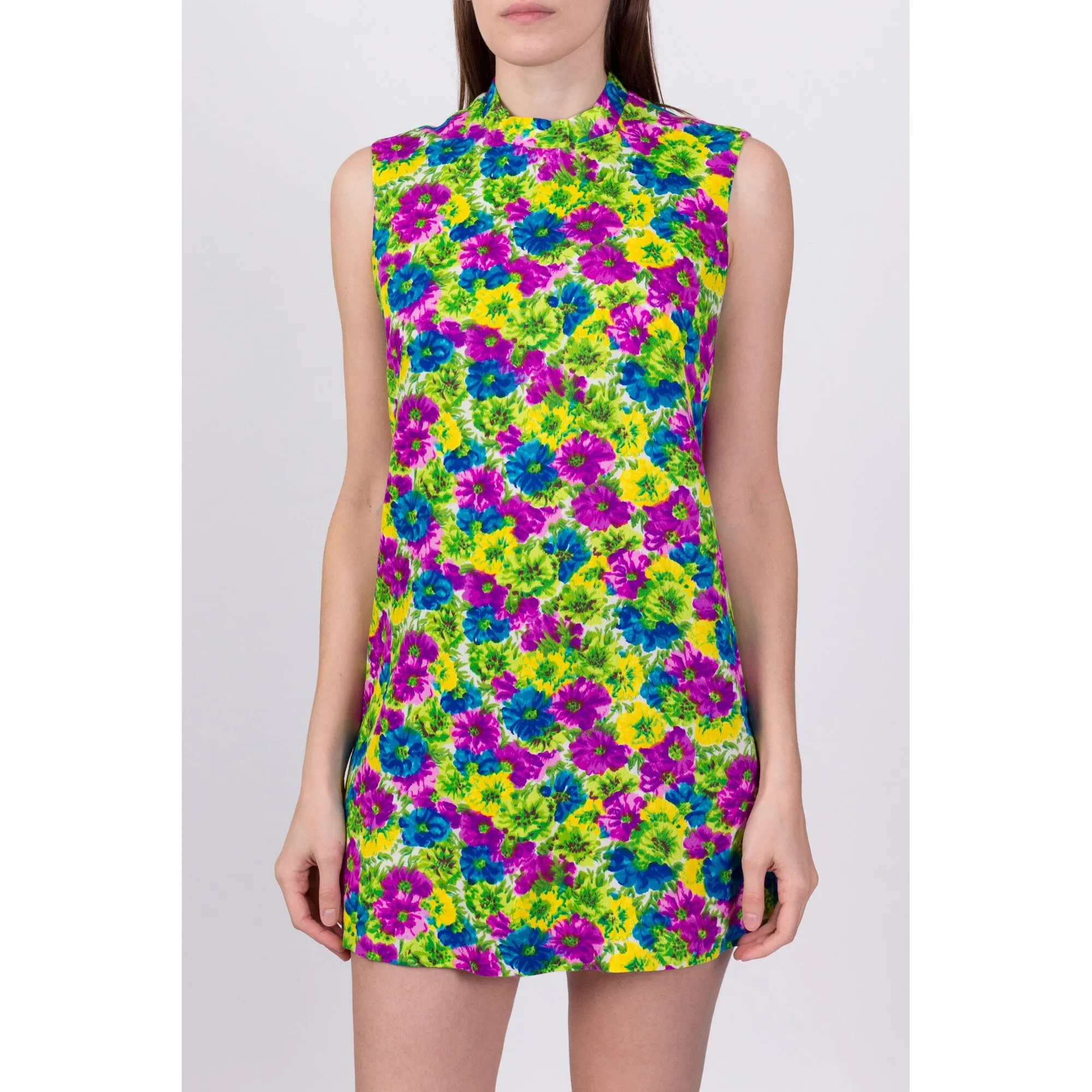 60s Hawaiian Floral Mini Shift Dress - Petite Medium