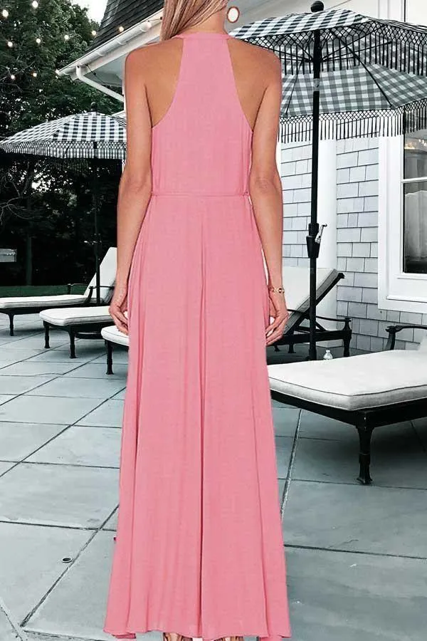 A-Line Round Neck Floor-Length Keyhole Pink Prom Dress with Split  PG424