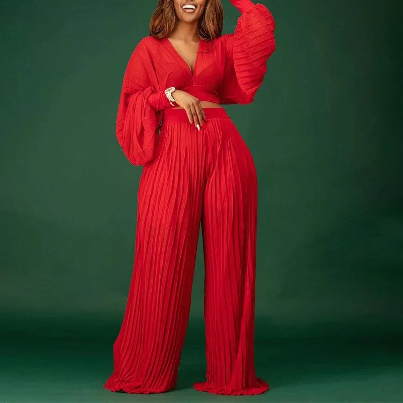Adorable V Neck Pleated Set
