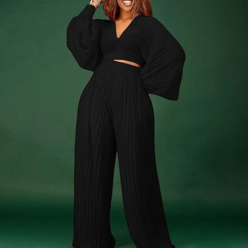 Adorable V Neck Pleated Set