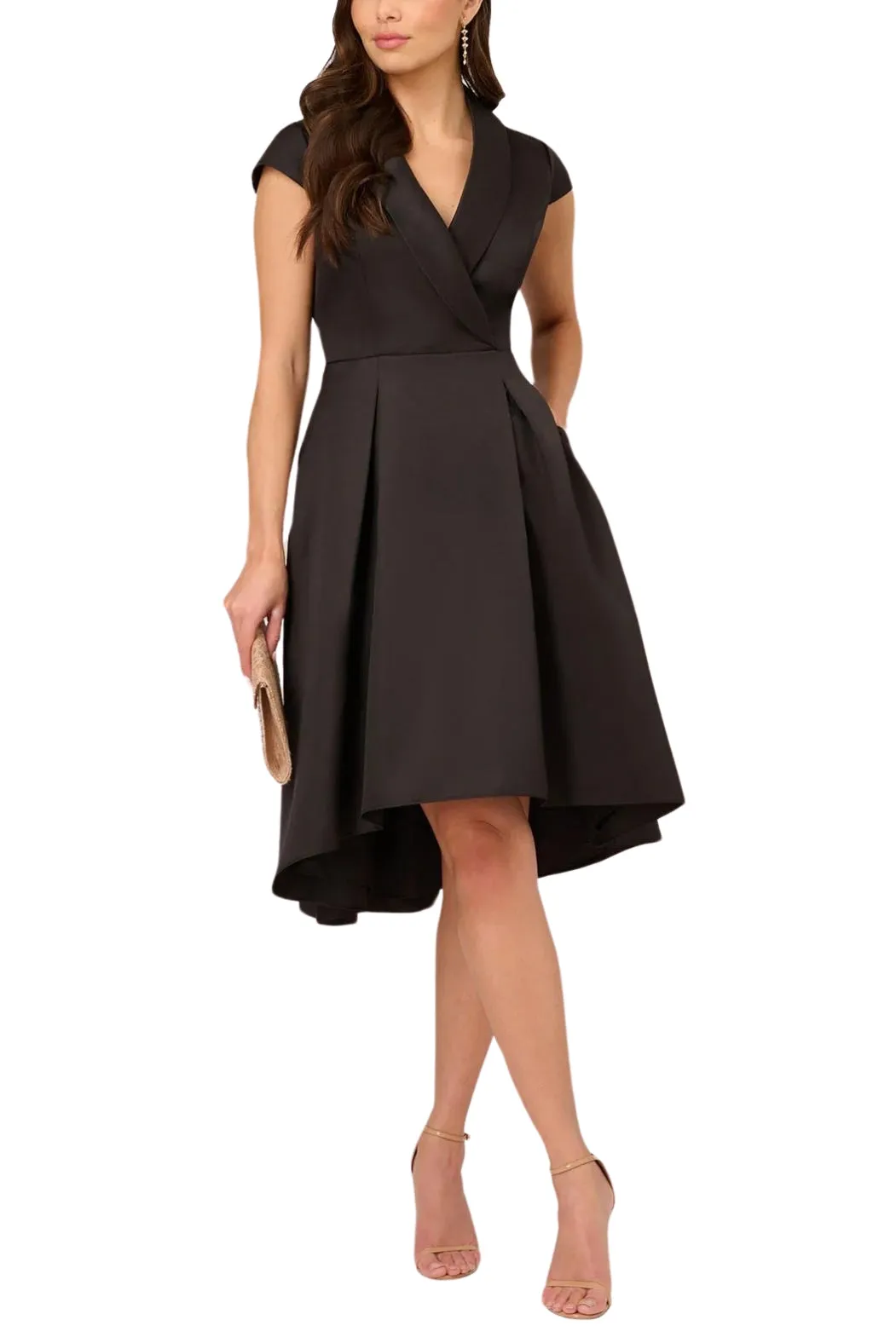 Adrianna Papell Cap Sleeve Midi Box Pleat High-Low Mikado Dress