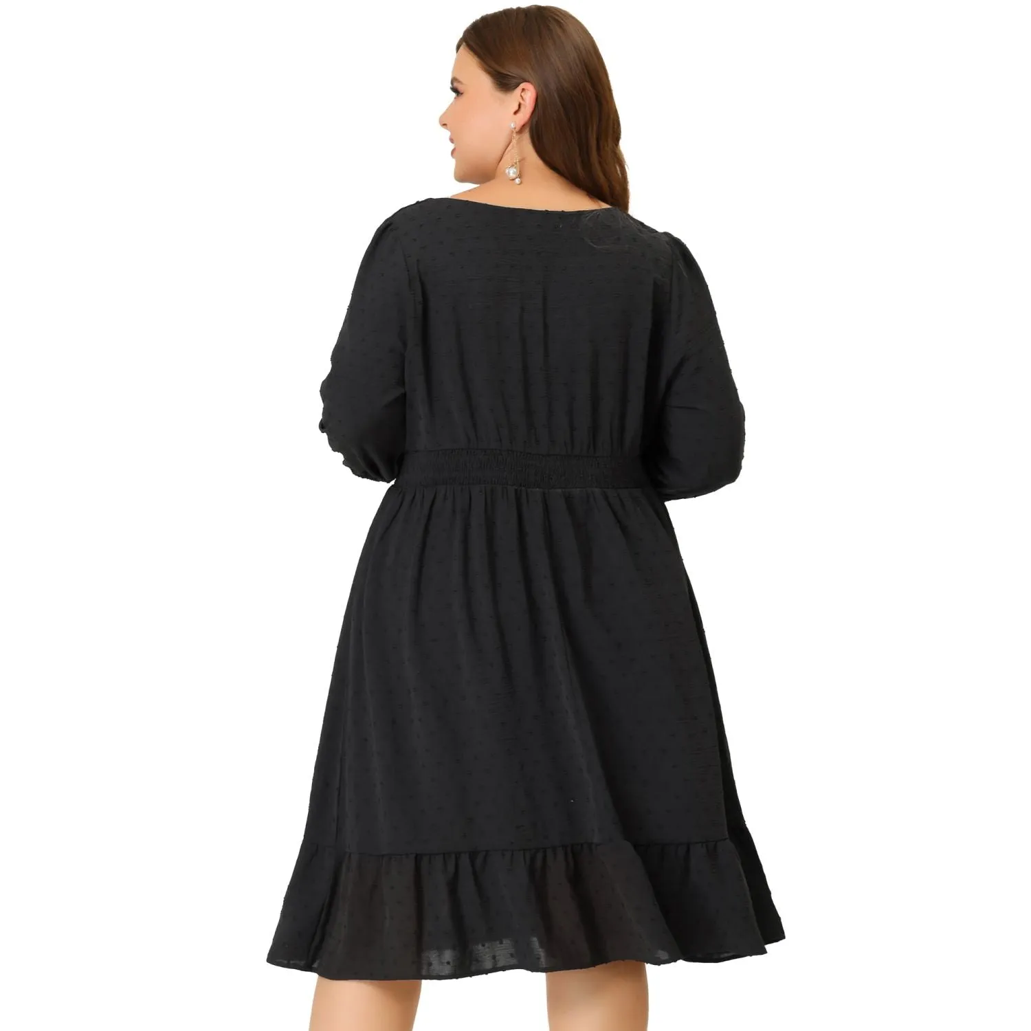 Agnes Orinda Women's Plus Size Smocked Waist 3/4 Sleeve Midi Dress in Swiss Polka Dots ,  black