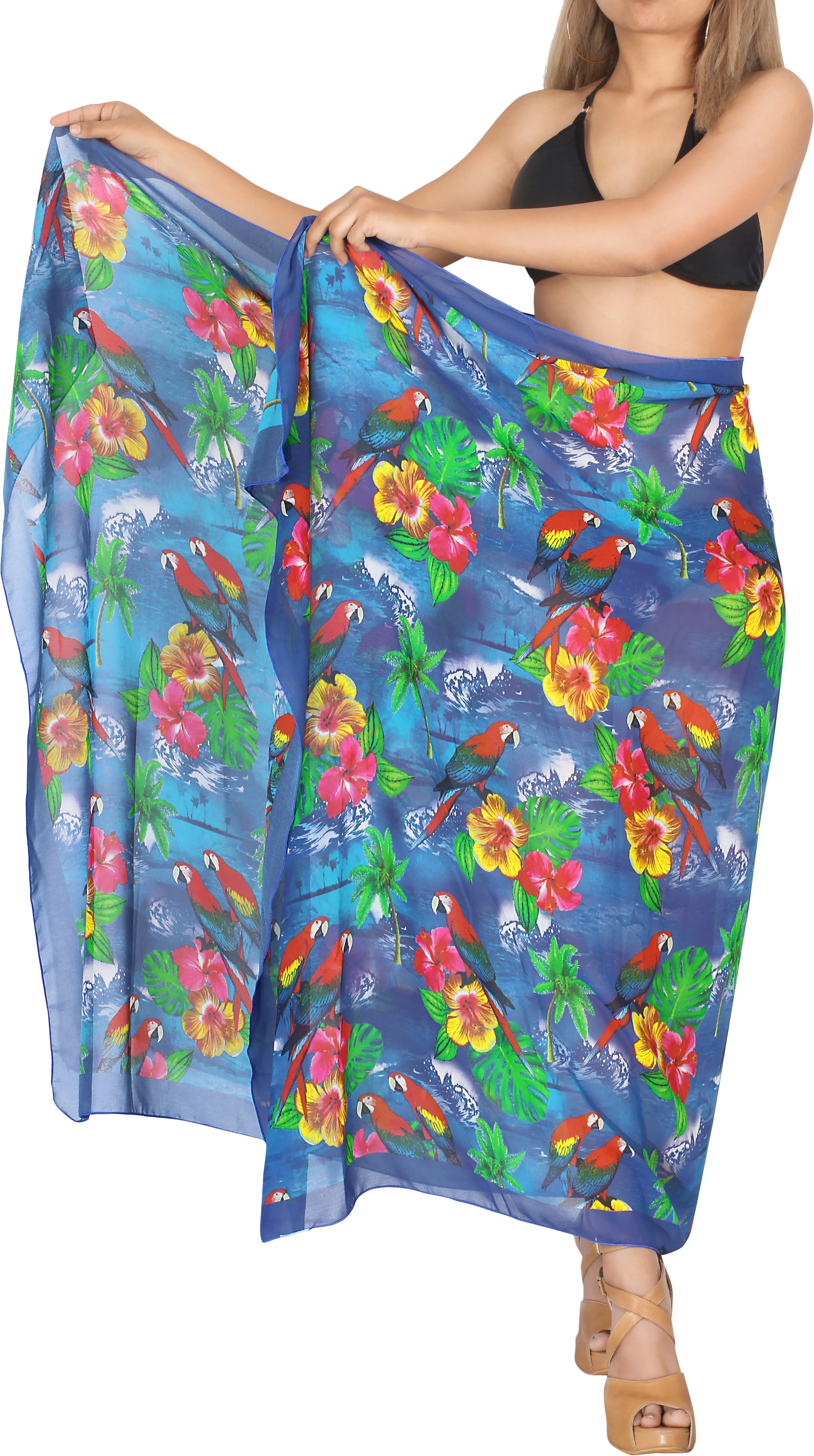 Allover Tropical Floral and Parrots Sheer Beach Wrap For Women