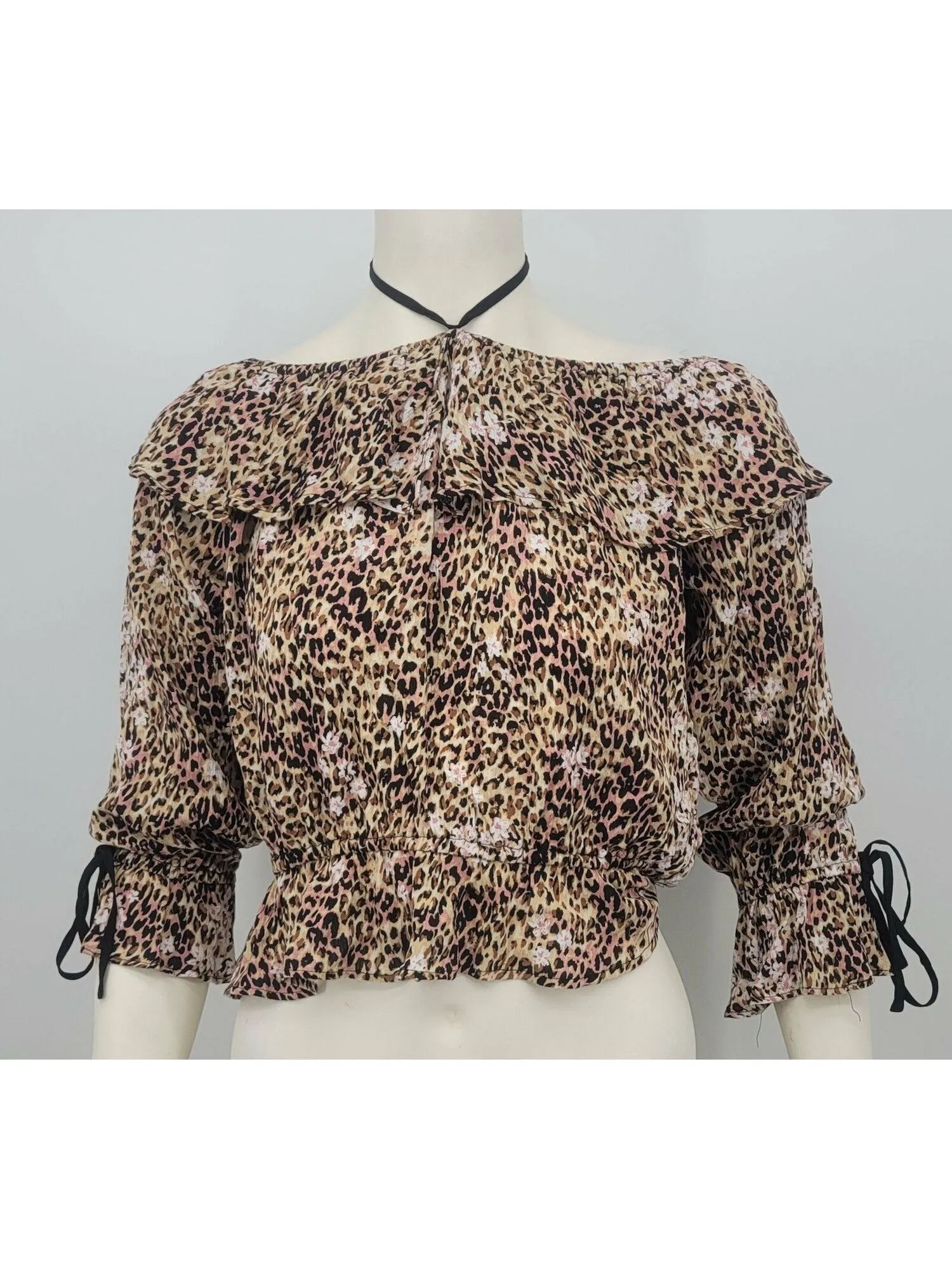 AMERICAN RAG Womens Beige Ruched Ruffled Animal Print 3/4 Sleeve Off Shoulder Blouse