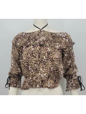 AMERICAN RAG Womens Beige Ruched Ruffled Animal Print 3/4 Sleeve Off Shoulder Blouse