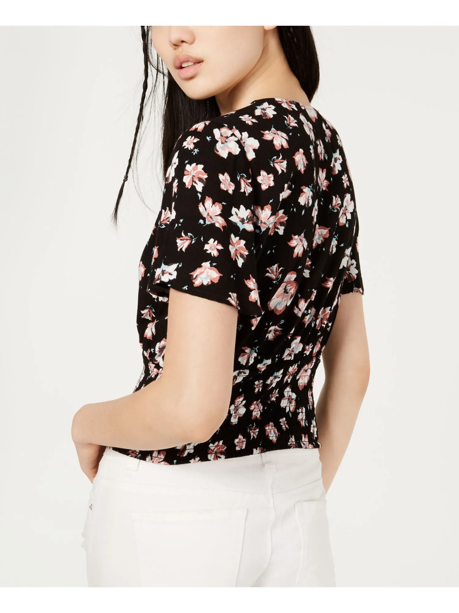 AMERICAN RAG Womens Black Floral Short Sleeve V Neck Top