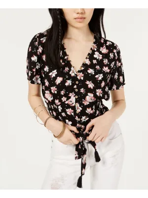 AMERICAN RAG Womens Black Floral Short Sleeve V Neck Top