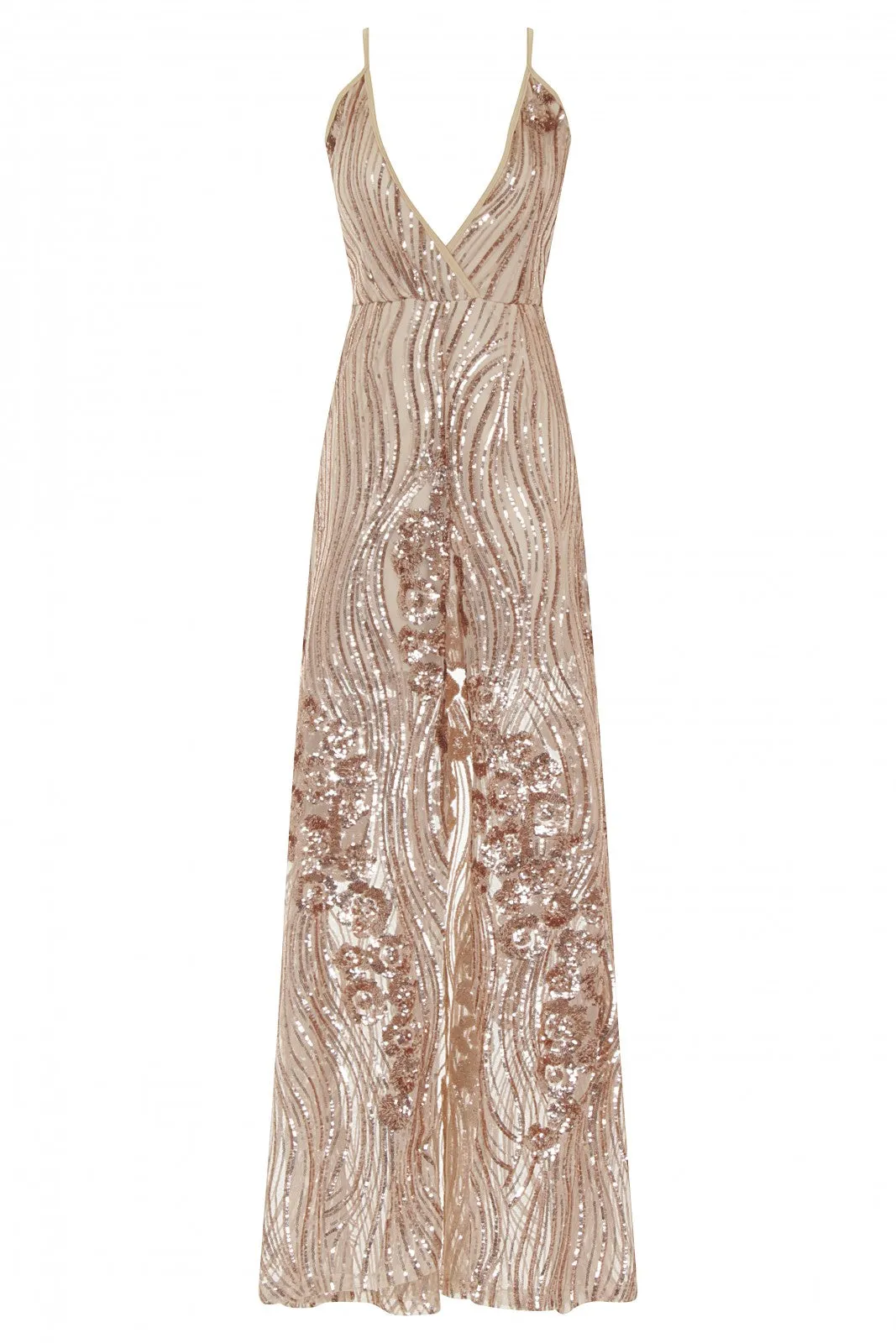 Amor Rose Gold Sheer Shimmer Floral Sequin Slit Maxi Dress