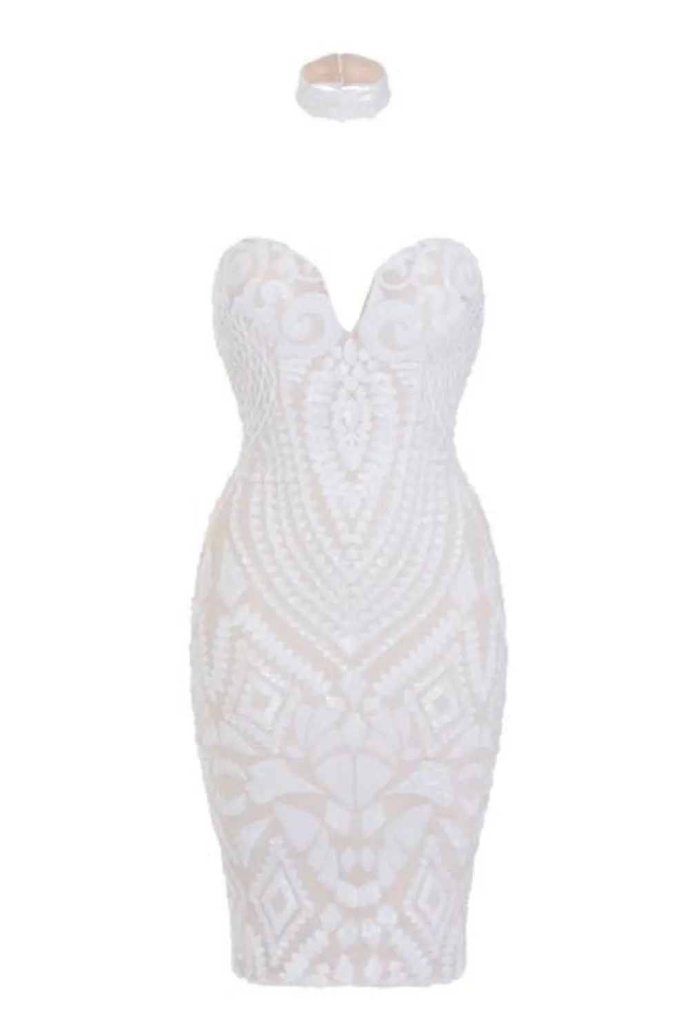 Aphrodite White Luxe Sweetheart Plunge Sequin Embellished Midi Dress