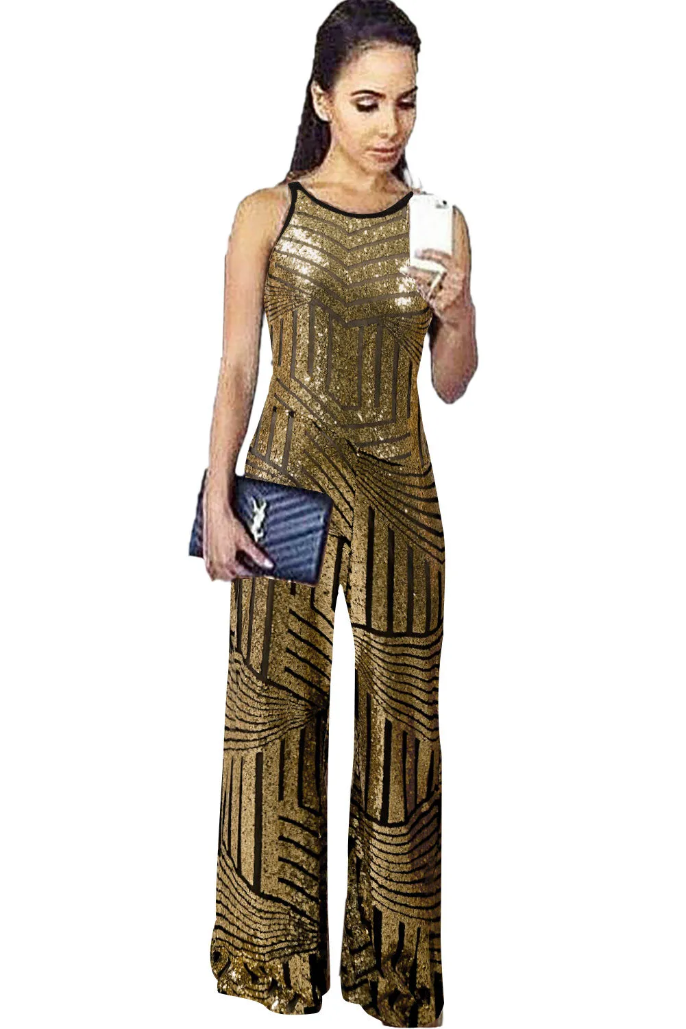 Apricot Geometric Stripe Sequin Spahetti Strap Wide Leg Jumpsuit