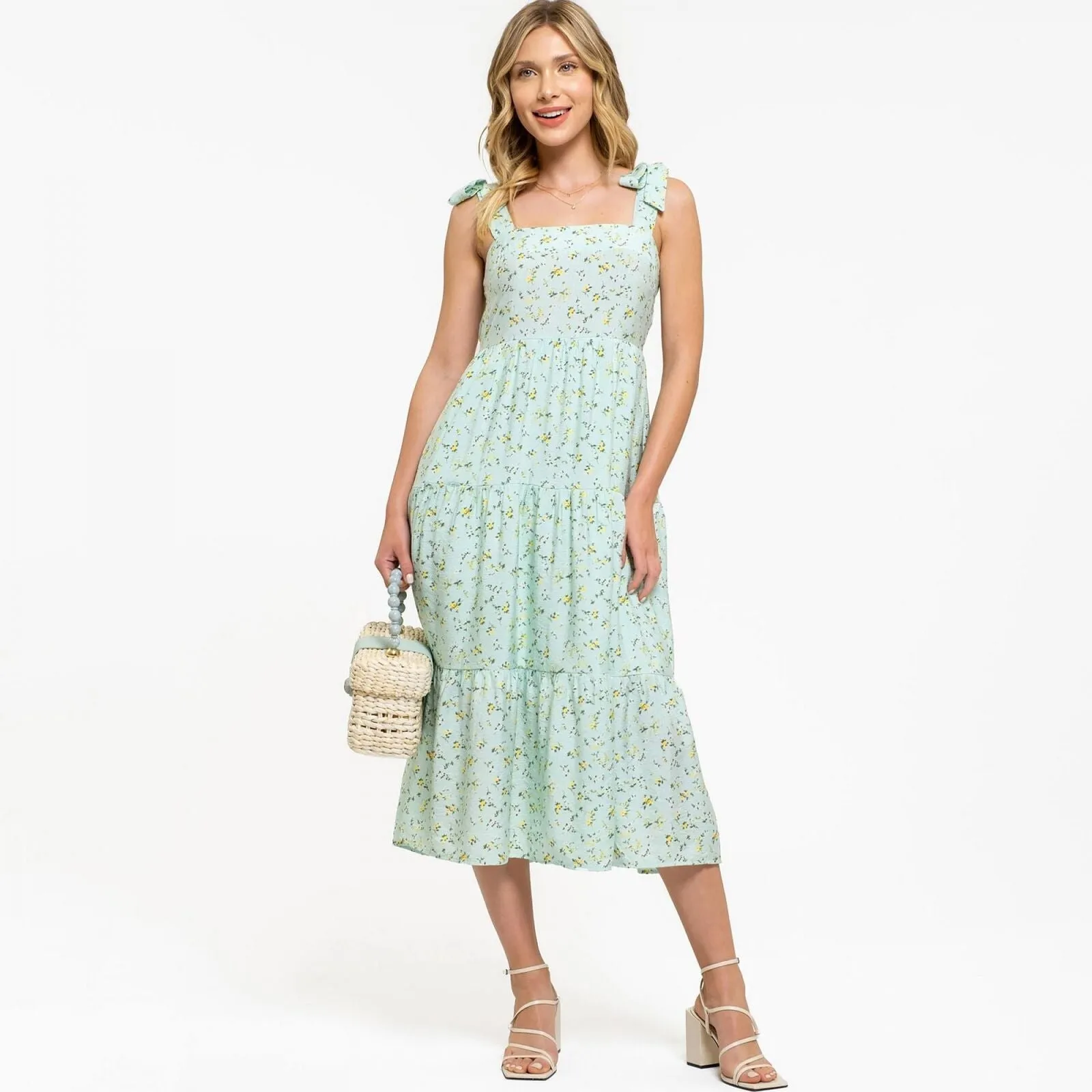 August Sky Women's Decorative Tie Straps Midi Dress Mint Green Multi S