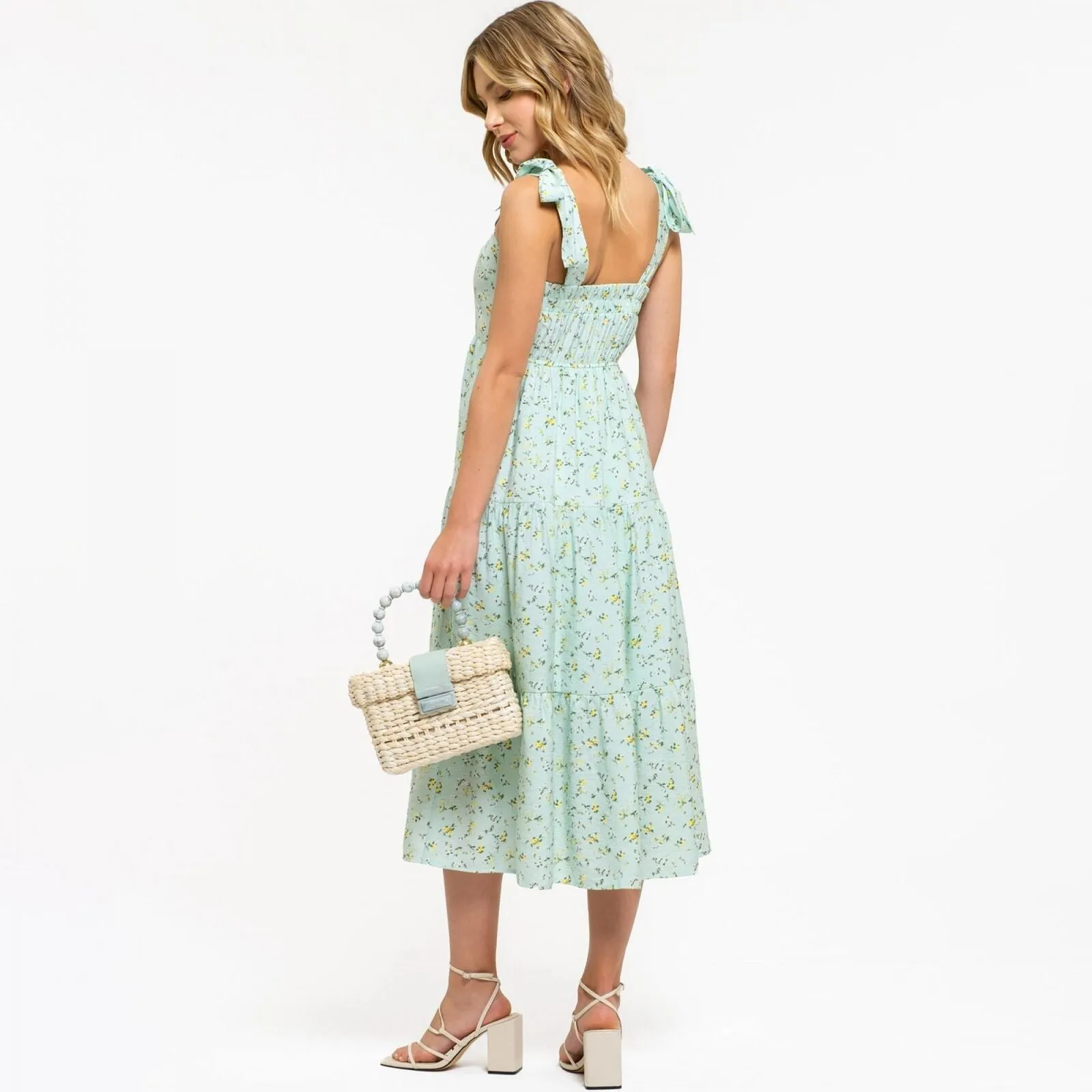 August Sky Women's Decorative Tie Straps Midi Dress Mint Green Multi S