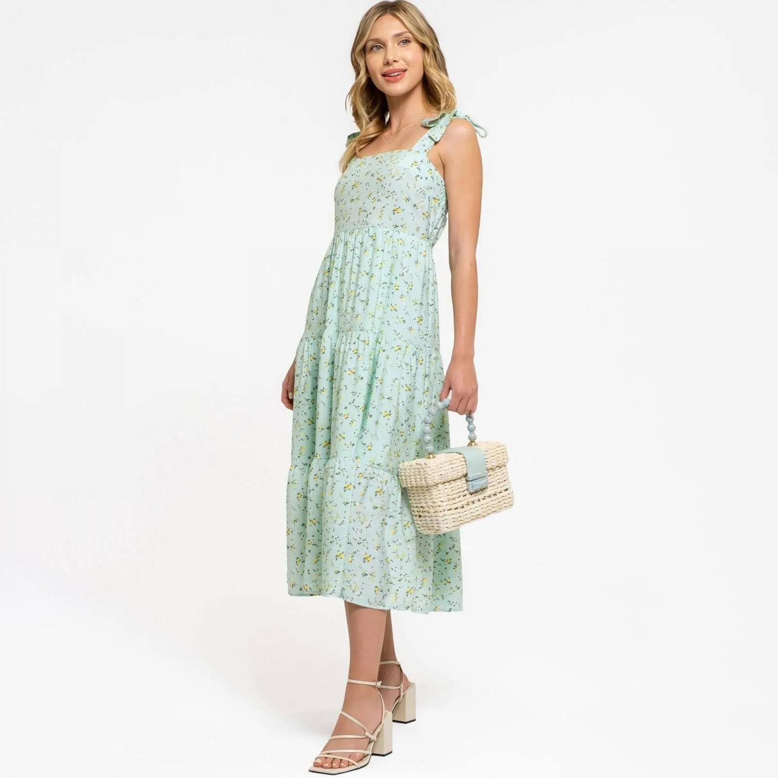 August Sky Women's Decorative Tie Straps Midi Dress Mint Green Multi S