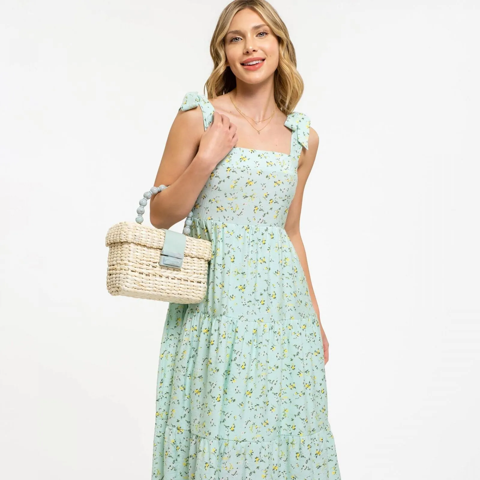 August Sky Women's Decorative Tie Straps Midi Dress Mint Green Multi S