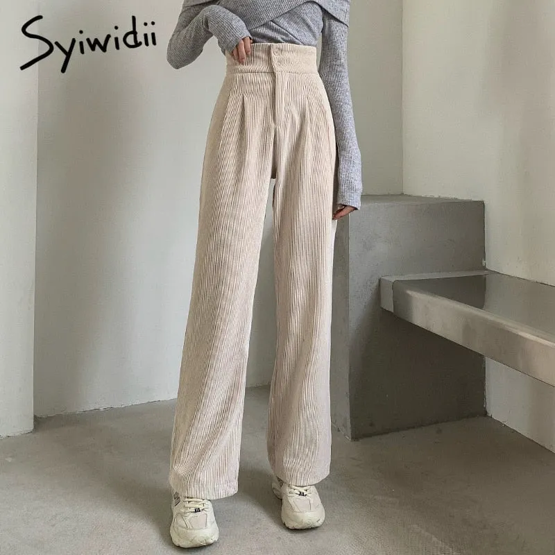 Back to College Joskaa Corduroy Pants for Women Autumn Winter 2024 High Waisted Button Straight Wide Leg Trousers High Fashion Black Purple