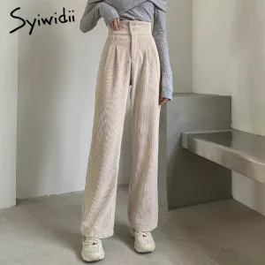 Back to College Joskaa Corduroy Pants for Women Autumn Winter 2024 High Waisted Button Straight Wide Leg Trousers High Fashion Black Purple