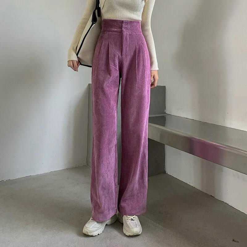 Back to College Joskaa Corduroy Pants for Women Autumn Winter 2024 High Waisted Button Straight Wide Leg Trousers High Fashion Black Purple