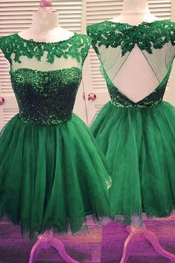 Bateau Beaded Open Back Hunter Green Tulle Homecoming Dress TR0122