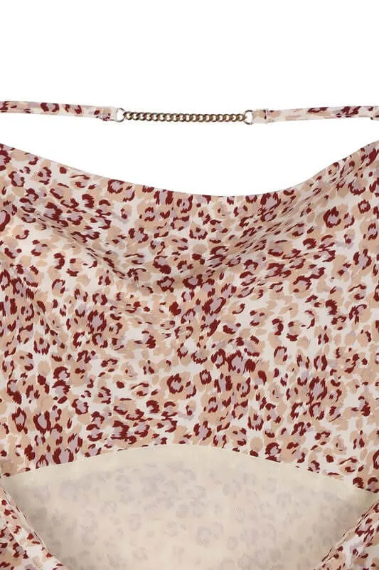 Beige Leopard Cami Dress with Chain Trim