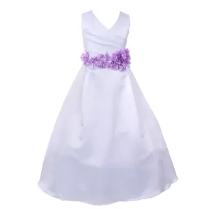 Big Girls White Lavender Flower Sash Full Bridal Junior Bridesmaid Dress 16