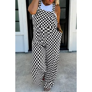 Black Checkered Print Pocketed Wide Leg Jumpsuit