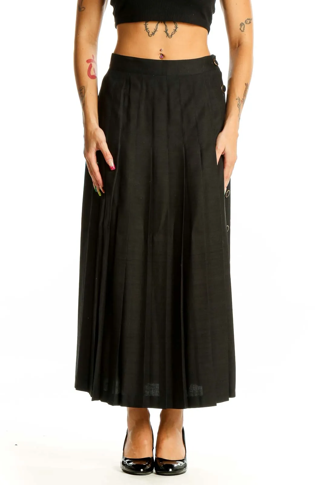 Black Pleated Silk Midi Skirt