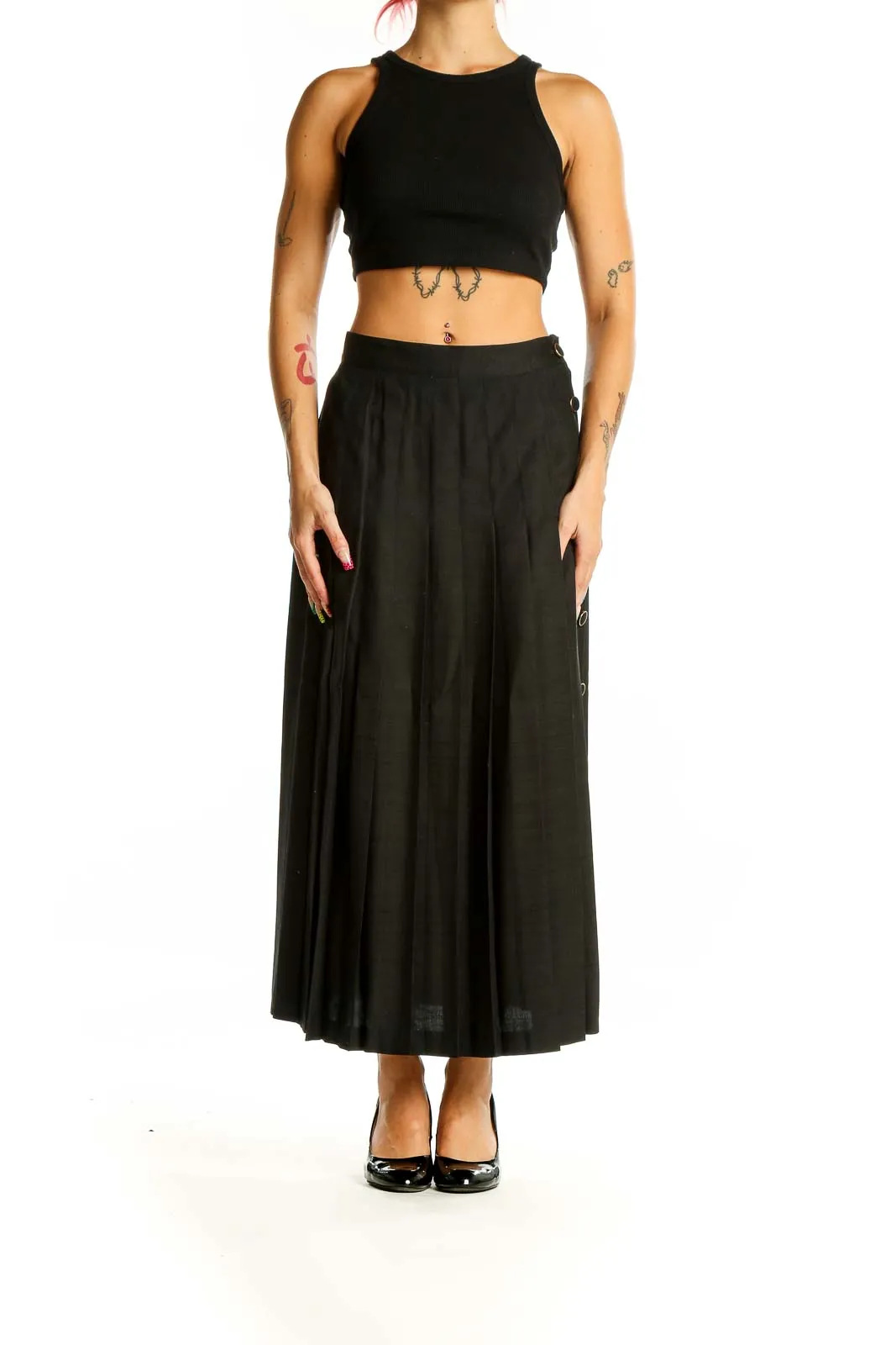 Black Pleated Silk Midi Skirt