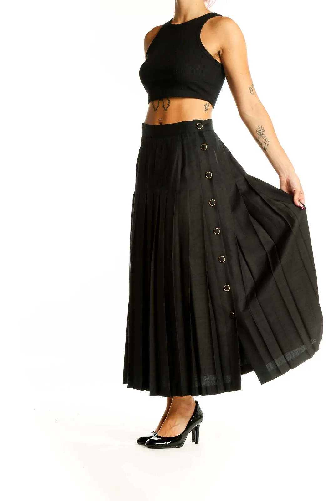 Black Pleated Silk Midi Skirt