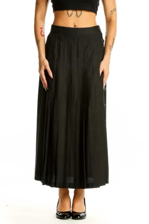 Black Pleated Silk Midi Skirt