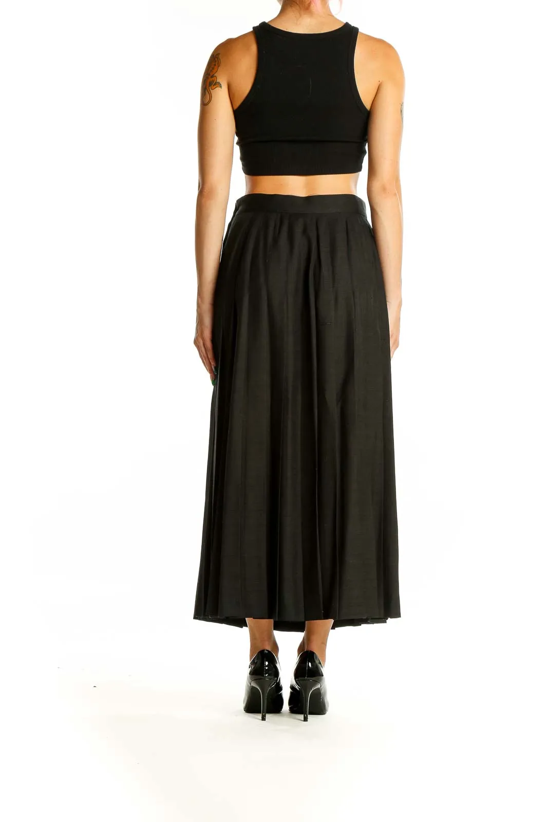 Black Pleated Silk Midi Skirt