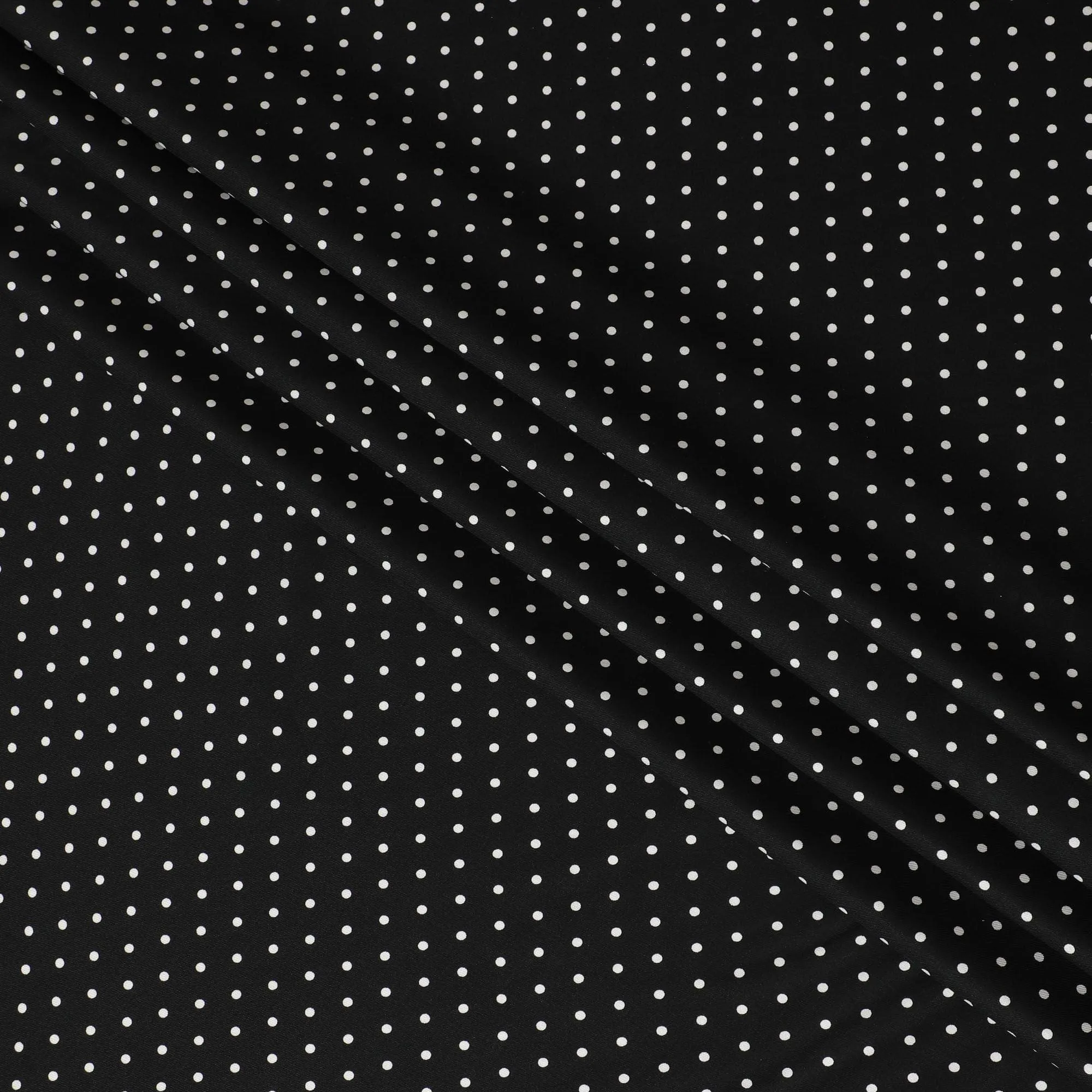 Black viscose crepe printed fabric with white prints in polka dot design-D11157