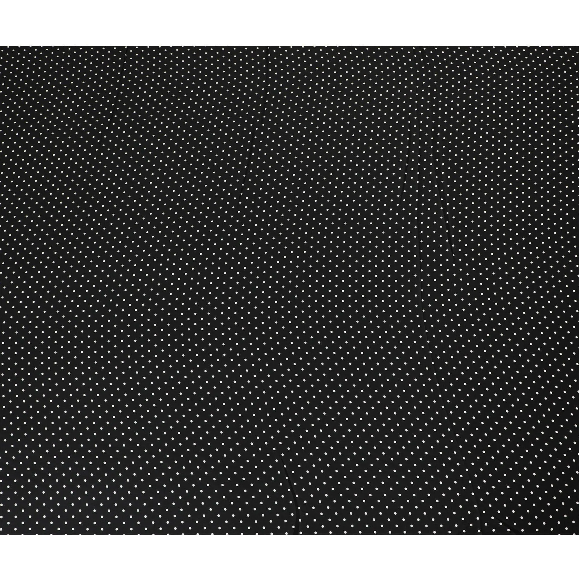 Black viscose crepe printed fabric with white prints in polka dot design-D11157