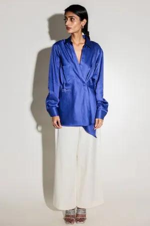 Blue Drape Asymmetrical Shirt