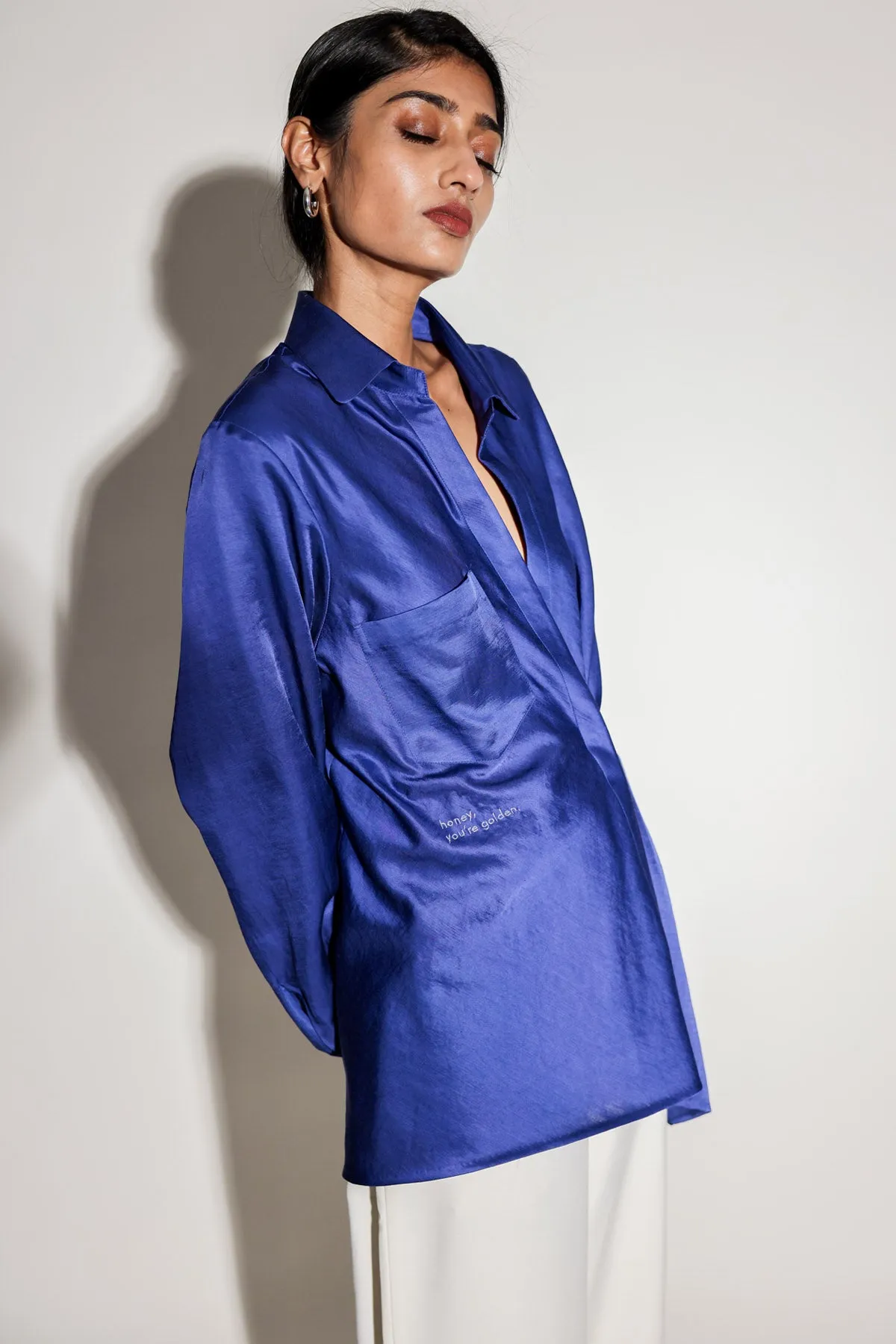 Blue Drape Asymmetrical Shirt